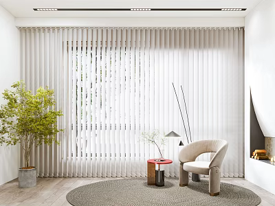 Modern Interior With White Window Blinds Chair Small Table Green Plant And Round Rug 3d model