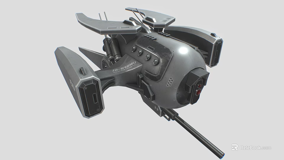 Futuristic Metallic Mechanical Device With Multiple Wings And Long Propulsion Barrel 3d model 