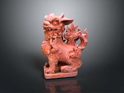 Red Stone Mythical Beast Sculpture With Intricate Curly Mane And Base 3d model