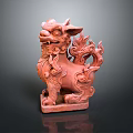 Red Stone Mythical Beast Sculpture With Intricate Curly Mane And Base