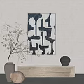 Abstract Black And White Wall Art With Twig Decoration And Ceramic Vases On Wooden Tabletop