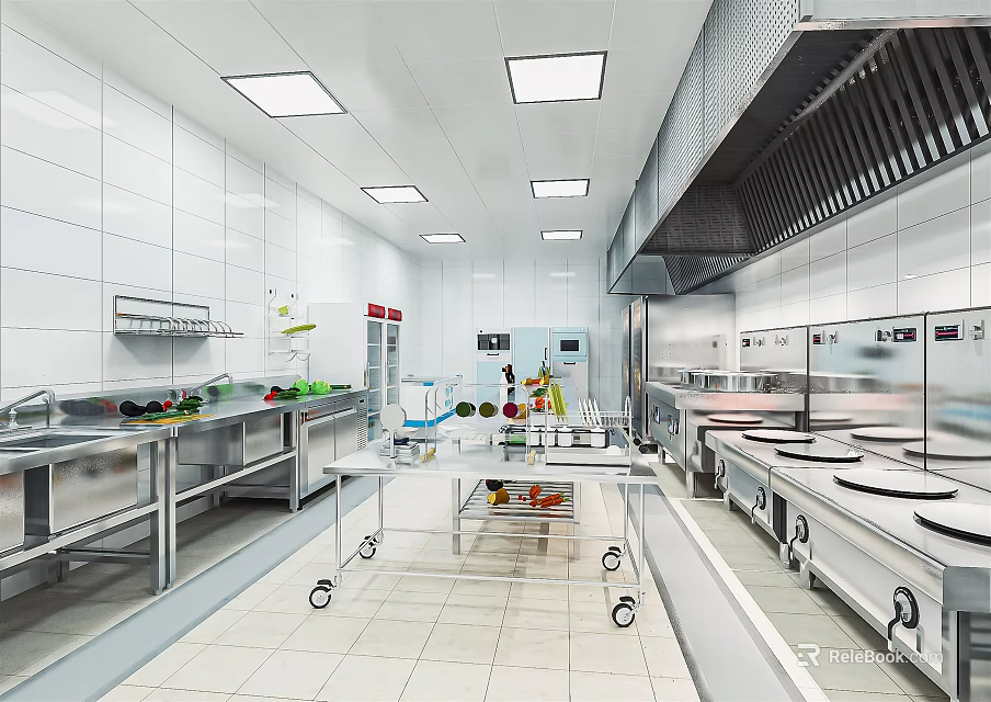 Modern Commercial Kitchen Interior With Stainless Steel Worktables Range Hood And White Tiled Walls 3d model 