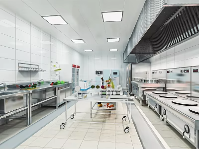 Modern Commercial Kitchen Interior With Stainless Steel Worktables Range Hood And White Tiled Walls 3d model