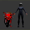 Red Sports Motorcycle Parked With Helmeted Rider In Black Outfit Standing Nearby
