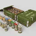 Military Weapons Including Grenades Bombs and Ammunition in Green Ammo Crates with Various Colors Shapes