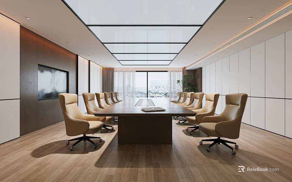 Modern Conference Room Featuring Long Table Beige Leather Chairs Large Windows And City View 3d model 