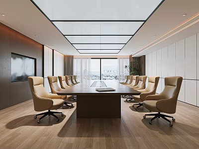 Modern Conference Room Featuring Long Table Beige Leather Chairs Large Windows And City View 3d model