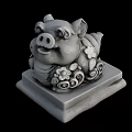 Gray Stone Pig Sculpture With Flower And Scroll Patterns On Square Base 3d model