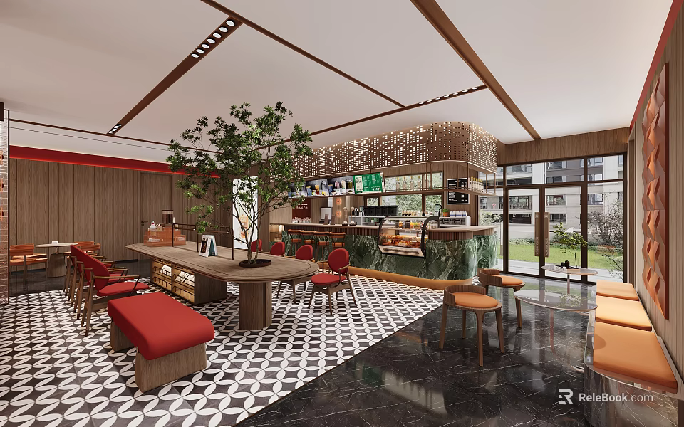 Modern Hotel Public Lounge With Wooden Structure Large Green Plant Red Seats And Geometric Floor 3d model 