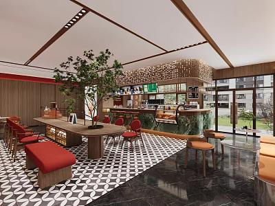 Modern Hotel Public Lounge With Wooden Structure Large Green Plant Red Seats And Geometric Floor 3d model