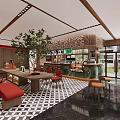 Modern Hotel Public Lounge With Wooden Structure Large Green Plant Red Seats And Geometric Floor