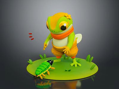 Green Cartoon Chameleon Wearing Orange Scarf Shorts On Grass With Green Insect And Plants 3d model