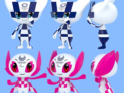 Cartoon Character Decorative Ornament Set With Blue White Pink Checkerboard And Various Poses 3d model