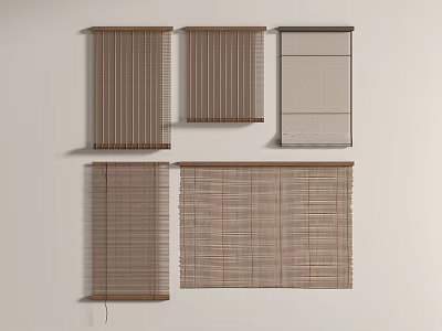 Various Styles Of Woven Window Blinds In Brown And Beige On White Wall 3d model