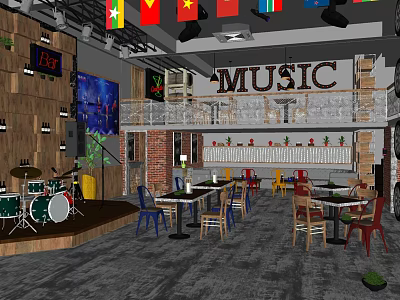 Music Themed Restaurant Interior With Stage Drum Set Colorful Chairs Dining Tables And Flags 3d model