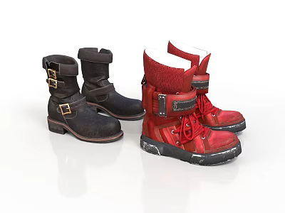 Fashionable Black And Red Boots With Buckle Straps And Lace Up Details 3d model