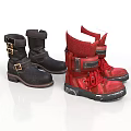 Fashionable Black And Red Boots With Buckle Straps And Lace Up Details