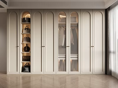 Modern Wardrobe Interior Design With Glass Doors Open Shelves And Hanging Clothes 3d model