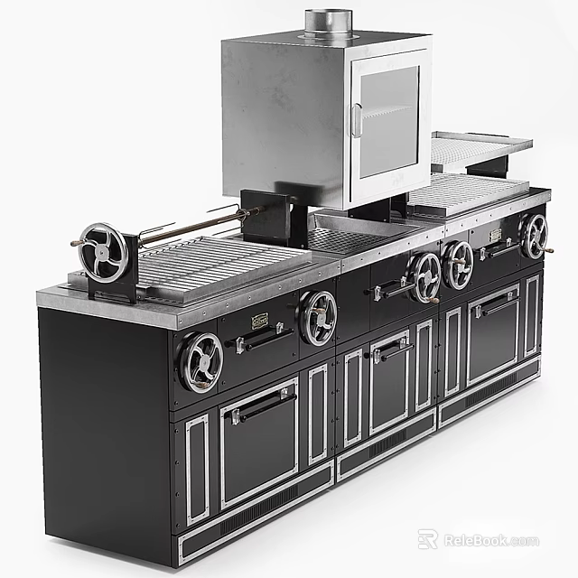 Modern Black Metal Stove With Knobs Drawers Cabinet Doors And Worktop 3d model 