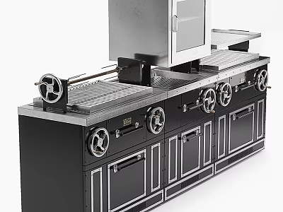 Modern Black Metal Stove With Knobs Drawers Cabinet Doors And Worktop 3d model