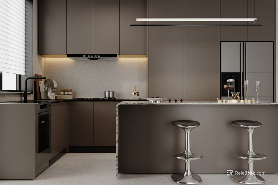 Modern Restaurant Open Kitchen Interior With Island Counter Stools And Cabinets 3d model 