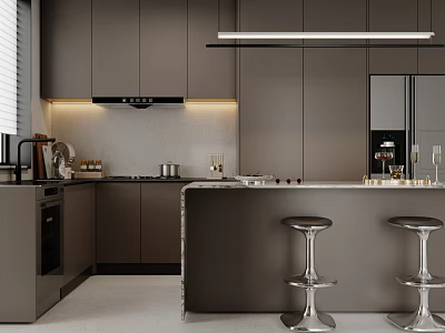 Modern Restaurant Open Kitchen Interior With Island Counter Stools And Cabinets 3d model