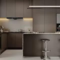 Modern Restaurant Open Kitchen Interior With Island Counter Stools And Cabinets