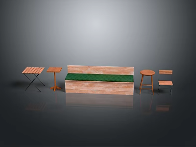 Modern Wooden Outdoor Chair With Green Cushion And Side Tables Benches Outdoor Seating Set 3d model