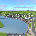 Aerial View Urban Planning Featuring Traditional Modern Architecture Waterfront Green Hills