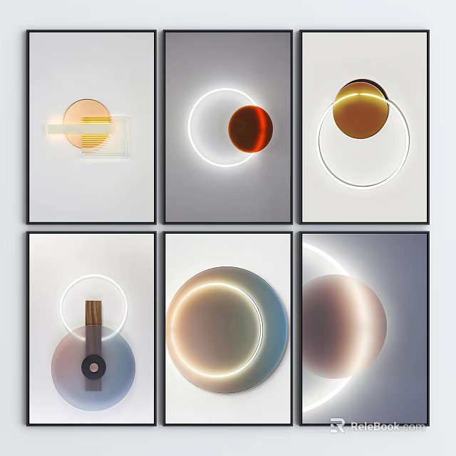 Abstract Geometric Art Prints Featuring Circular Shapes And Illuminated Light Effects 3d model