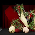 Elegant Banquet Hall With Red Curtain Background And Floral Arch Decorative Spheres