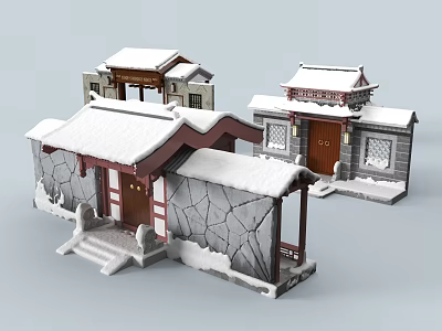 Traditional Chinese Entrance Gate with Snow Covered Roof Stone Wall and Wooden Door 3d model