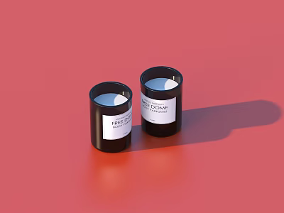 Stylish Household Candles In Black Containers With White Wax On Red Background 3d model