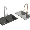 Kitchen Sink Double Bowl Design With Chrome And Gold Pull Down Faucets 3d model