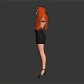 Red Haired Woman in Black Dress with High Heels Arms Outstretched Against Gray Background