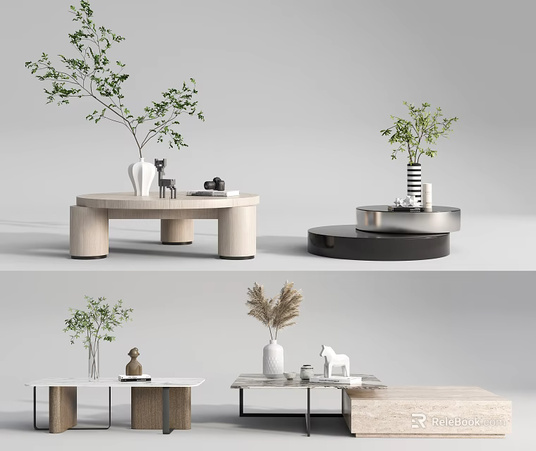 Modern Coffee Tables with Wooden Bases Metal Frames Marble Tops and Decorative Plants 3d model 