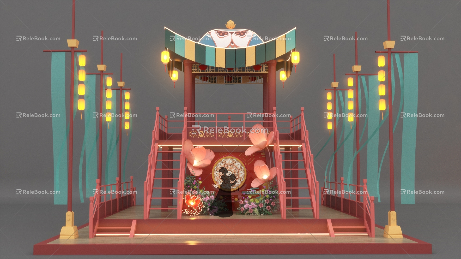 Guofeng War Drum Stage Pin Point Performance Stage Dunhuang Elements Double Layer Floriculture Paper Art Flower Curtain Cloth Strip Lantern Flower Drum Stairs 3d model