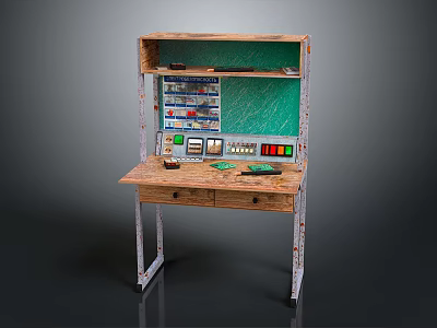 Vintage Wooden Workbench With Green Chalkboard Multiple Buttons Gauges Drawers And Shelves 3d model