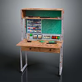 Vintage Wooden Workbench With Green Chalkboard Multiple Buttons Gauges Drawers And Shelves