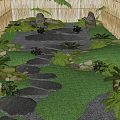 Chinese Style Green Slab Ting Step Garden Slab Paving Courtyard Slab Path Courtyard Garden Ting Step Bryophyte Group Bamboo Fence 3d model