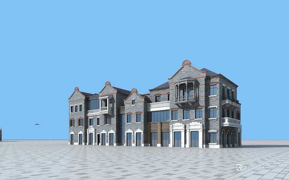 Classical Brick Building With Arched Windows Balconies And Paved Square Under Blue Sky 3d model
