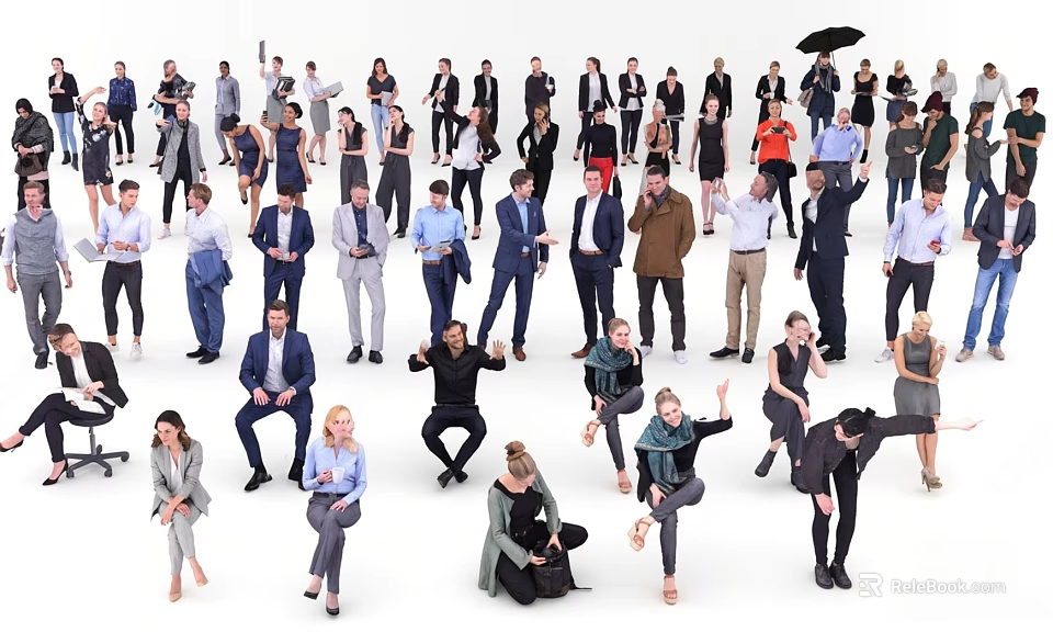 Diverse Group of People in Various Poses Standing Sitting and Raising Hands on White Background 3d model 