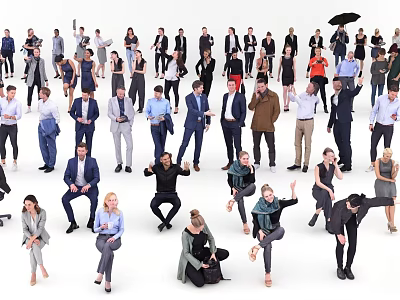 Diverse Group of People in Various Poses Standing Sitting and Raising Hands on White Background 3d model