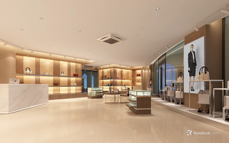 Modern Clothing Store Interior With Display Cases Counter Mannequins And Merchandise 3d model 