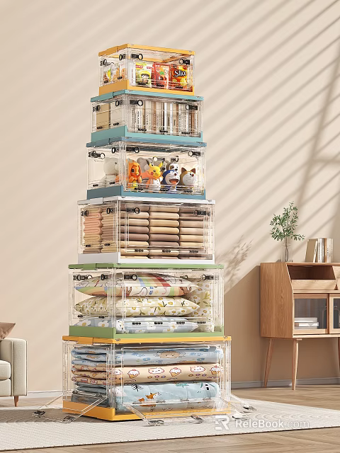 Transparent Multi Layer Storage Cabinet Shelf With Toys Towels Quilts And Wooden Cabinet Green Plant 3d model 