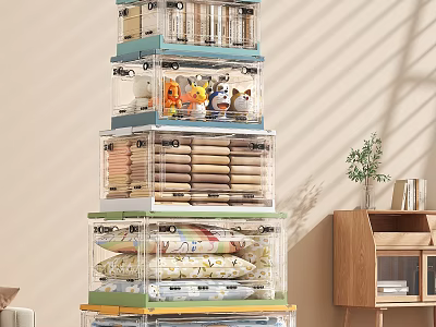 Transparent Multi Layer Storage Cabinet Shelf With Toys Towels Quilts And Wooden Cabinet Green Plant 3d model