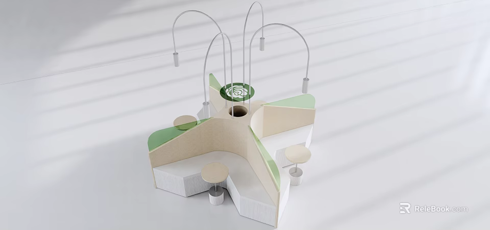 Modern Dining Table Set With Circular Structure Green Beige Elements And Hanging Lights 3d model