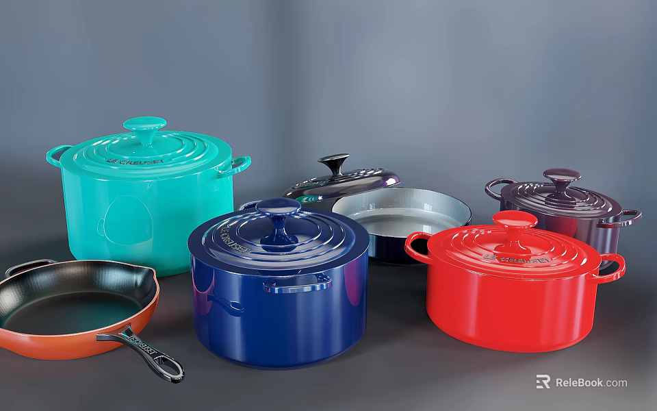 Colorful Cookware Set Including Various Pots Pans With Lids For Modern Kitchen Cooking 3d model 