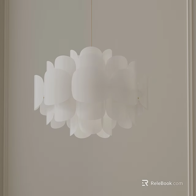 White Petal Shaped Chandelier Hanging In Modern Minimalist Interior With Light Colored Wall 3d model 