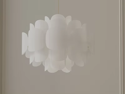 White Petal Shaped Chandelier Hanging In Modern Minimalist Interior With Light Colored Wall 3d model